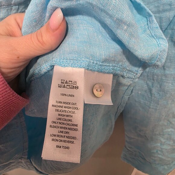 Sigrid Olsen Blue 100% Linen Button Up Shirt Women’s Medium V Neck - Picture 5 of 6